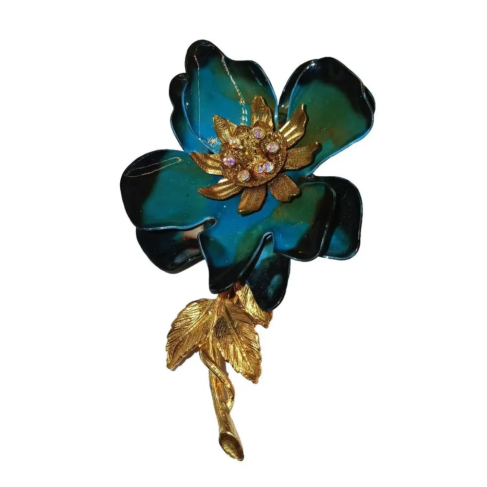 Vintage Teal Black Brown Enamel Flower Brooch Pin Gold Tone AB Rhinestones 3.5x2